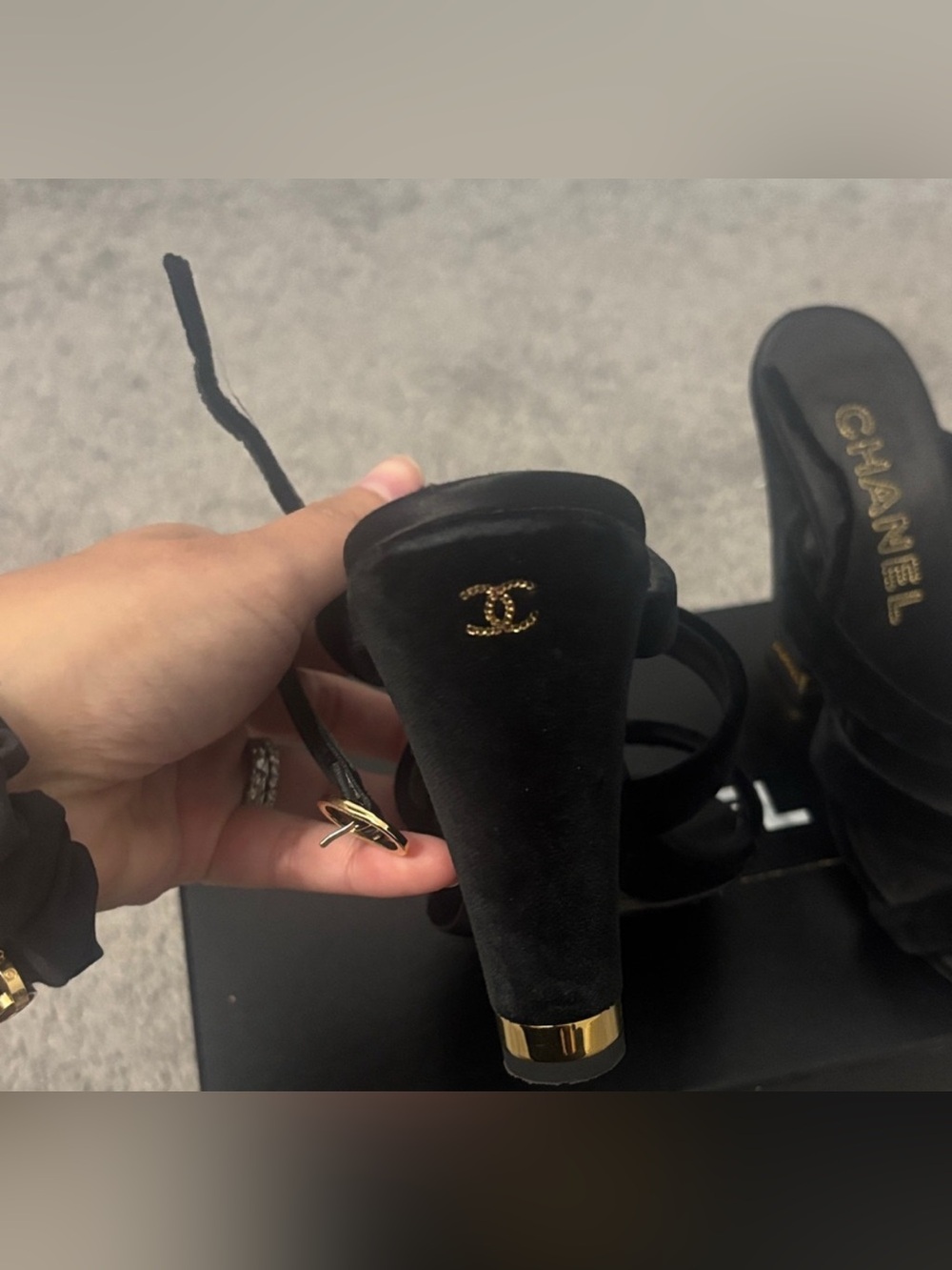 100% authentic Chanel Black Suede Strappy Heel Sandals with Gold Logo Accent - Picture 6 of 9